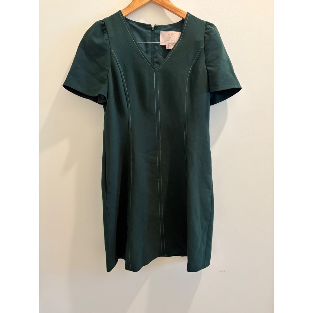 Gal Meets Glam Collection Green Contrast Stitch Puff Sleeve Shift Dress Size 4